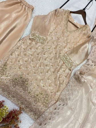 Beige Fandy Palazzo Suit With Beads Embroidery Cut Work