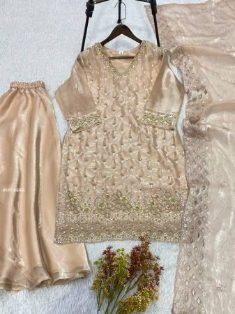 Beige Fandy Palazzo Suit With Beads Embroidery Cut Work