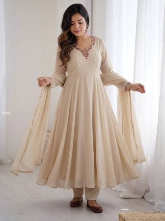 Beige Fox Georgette Anarkali Gown Set with Dupatta And Bottom