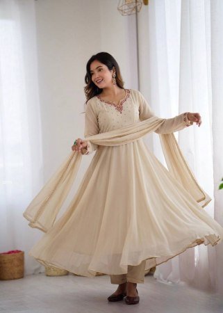 Beige Fox Georgette Anarkali Gown Set with Dupatta And Bottom