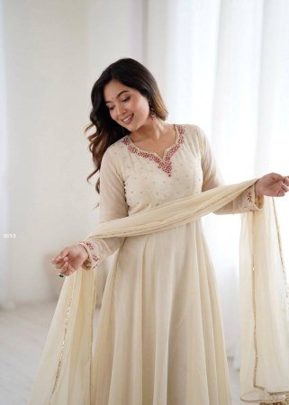 Beige Fox Georgette Anarkali Gown Set with Dupatta And Bottom