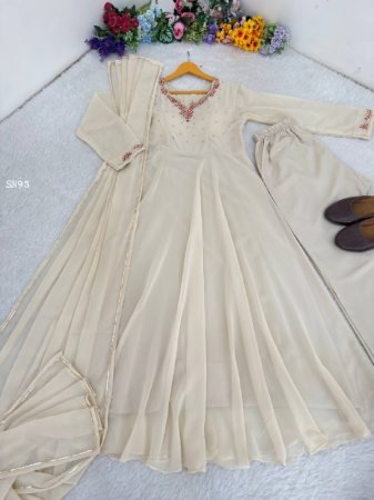 Beige Fox Georgette Anarkali Gown Set with Dupatta And Bottom