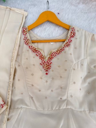 Beige Fox Georgette Anarkali Gown Set with Dupatta And Bottom