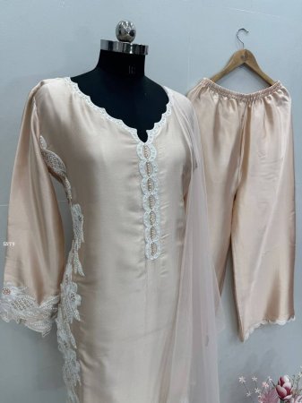 Beige Natural Silk Kurta Palazzo Set with Dupatta