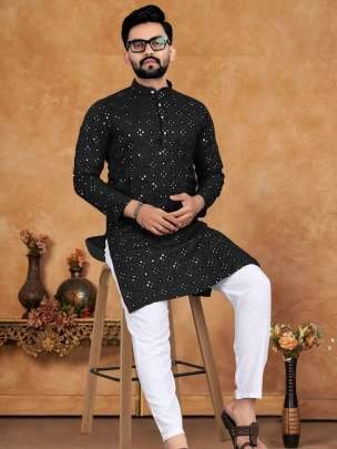 Best Black Mirror Work Cotton Men Kurta Pyjama