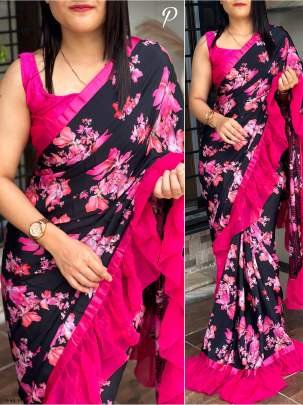 Best Gulabo Design Pink Silk Crepe Ruffle Printed Saree