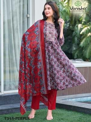 Best Purple Pure Cotton Kurti Pant Set With Dupatta