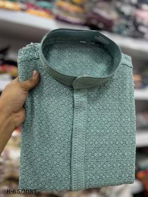 Best Quality Rayon Chikan Work Mint Kurta With Pyjama