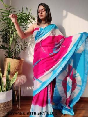 Best Sky Blue With Pink Shibori Saree  With Blouse