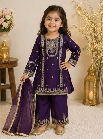 Purple Fendy Silk Embroidered Suit For Kids 