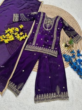 Purple Fendy Silk Embroidered Suit For Kids
