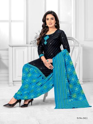 Black And Blue Pure Cotton Readymade Printed Patiala Suits