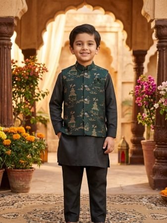Black And Green Combination Kurta Payjama Set For Kids 