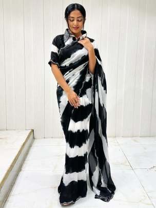 Black And White Party Wear Digital Printed Chinon Saree With Khatli Work