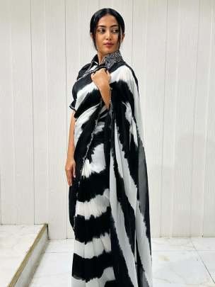 Black And White Party Wear Digital Printed Chinon Saree With Khatli Work