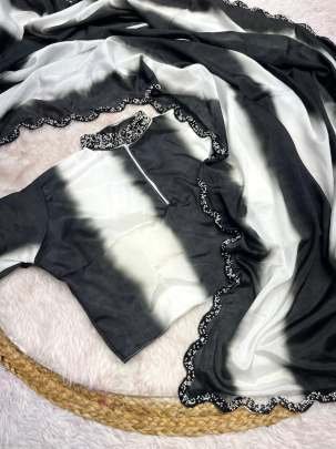 Black And White Party Wear Digital Printed Chinon Saree With Khatli Work