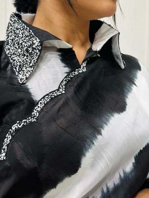 Black And White Party Wear Digital Printed Chinon Saree With Khatli Work