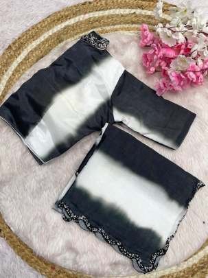 Black And White Party Wear Digital Printed Chinon Saree With Khatli Work