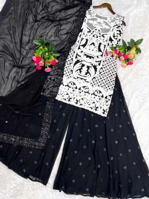 Black And White Thread Work Georgette Palazo Suits