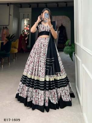 Black And White Traditional Navaratri Pure Cotton Lehenga Choli
