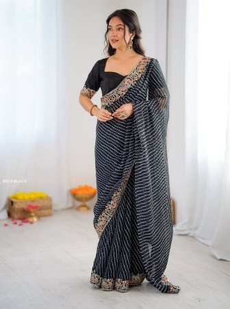 Black Badhani Print Faux Georgette Saree With Thread Work Border