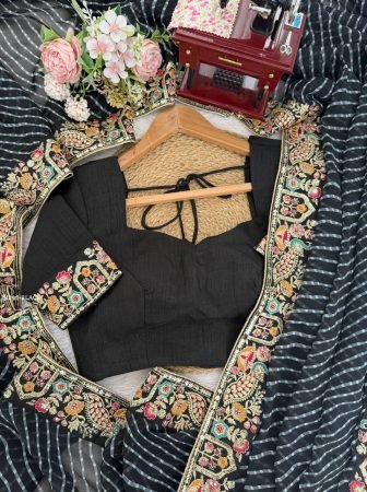 Black Badhani Print Faux Georgette Saree With Thread Work Border
