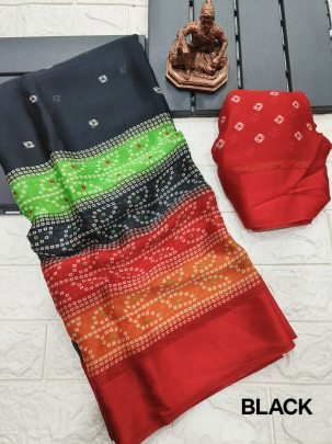 Black Bandhej Print Moss Chiffon Saree