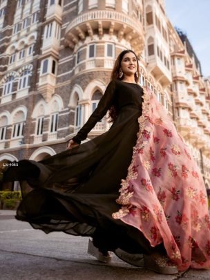 Black Beautiful Flared Floor touch Gown with Organza Dupatta