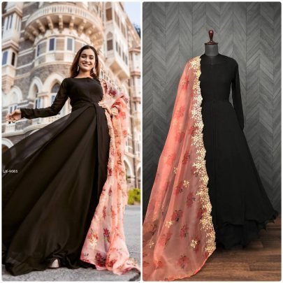 Black Beautiful Flared Floor touch Gown with Organza Dupatta