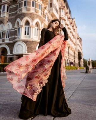 Black Beautiful Flared Floor touch Gown with Organza Dupatta