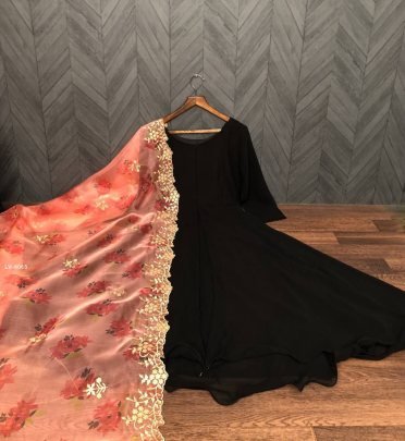 Black Beautiful Flared Floor touch Gown with Organza Dupatta