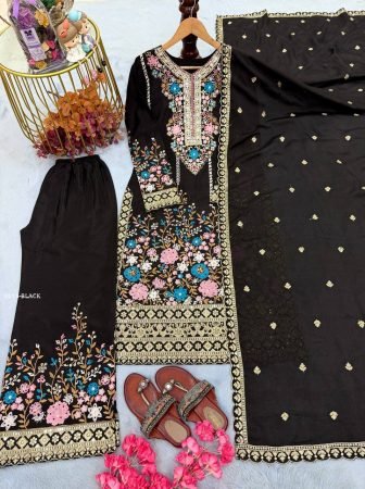 Black Chinon Silk Embordered Suit Set With Plazzo And Dupatta