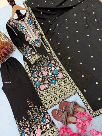 Black Chinon Silk Embordered Suit Set With Plazzo And Dupatta