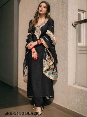 Black Color Designer Chinon Silk Embroidery Top Bottom Dupatta Outfit