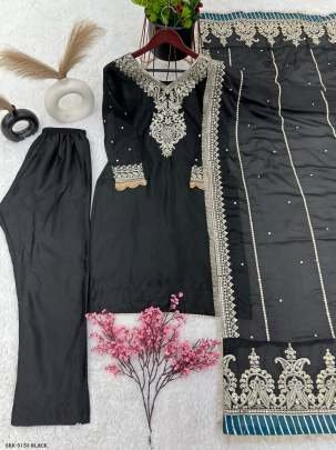 Black Color Designer Chinon Silk Embroidery Top Bottom Dupatta Outfit