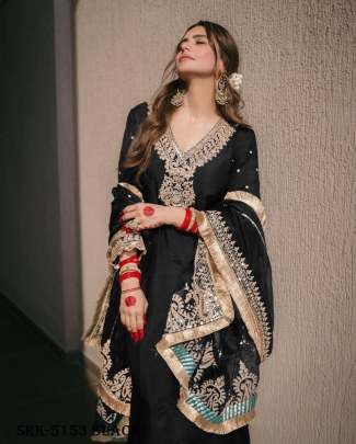 Black Color Designer Chinon Silk Embroidery Top Bottom Dupatta Outfit
