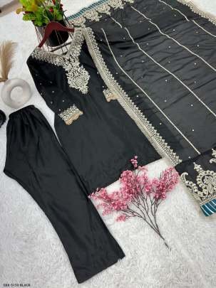 Black Color Designer Chinon Silk Embroidery Top Bottom Dupatta Outfit