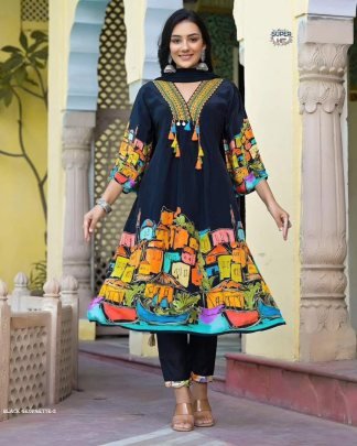 Black color  Embroidery  and mirror work Printed Georgette designer suit