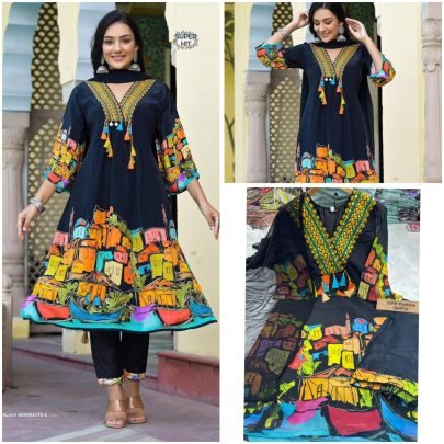 Black color  Embroidery  and mirror work Printed Georgette designer suit