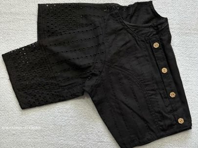 Black Color Jaipuri Goli Hakoba Boat Neck Ready made Blouse with Wooden Button
