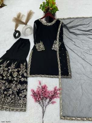 Black Colour  5mm Embroidery Sequence Work  Top Sharara With Dupatta Set