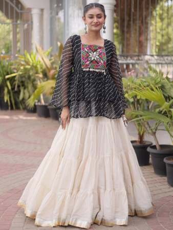 Black Colour  Kora Cotton Fabric Navratri Lehenga