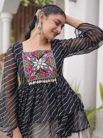 Black Colour  Kora Cotton Fabric Navratri Lehenga