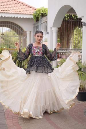 Black Colour  Kora Cotton Fabric Navratri Lehenga