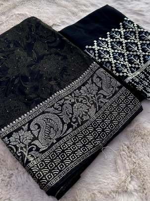 Black Designer Border Embroidered Georgette Saree With Heavy Unstitch Blouse