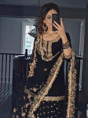 Black Designer Embroidery Sequince Work Malai Silk Dhoti Skirts Suits