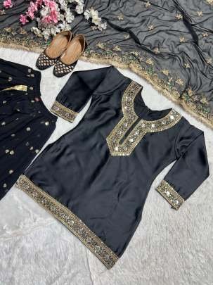 Black Designer Embroidery Sequince Work Malai Silk Dhoti Skirts Suits