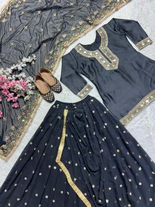 Black Designer Embroidery Sequince Work Malai Silk Dhoti Skirts Suits