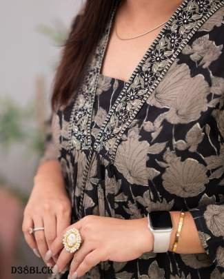 Black Elegant A Line Block Printed Fancy Kurti Pant With Dupatta