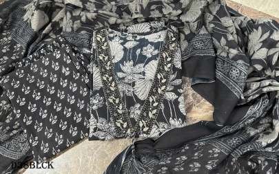 Black Elegant A Line Block Printed Fancy Kurti Pant With Dupatta